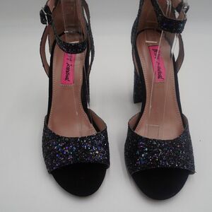 Betsey Johnson Glissten Black Glitter Chunky Block Heel Ankle Strap Sandals Sz 7